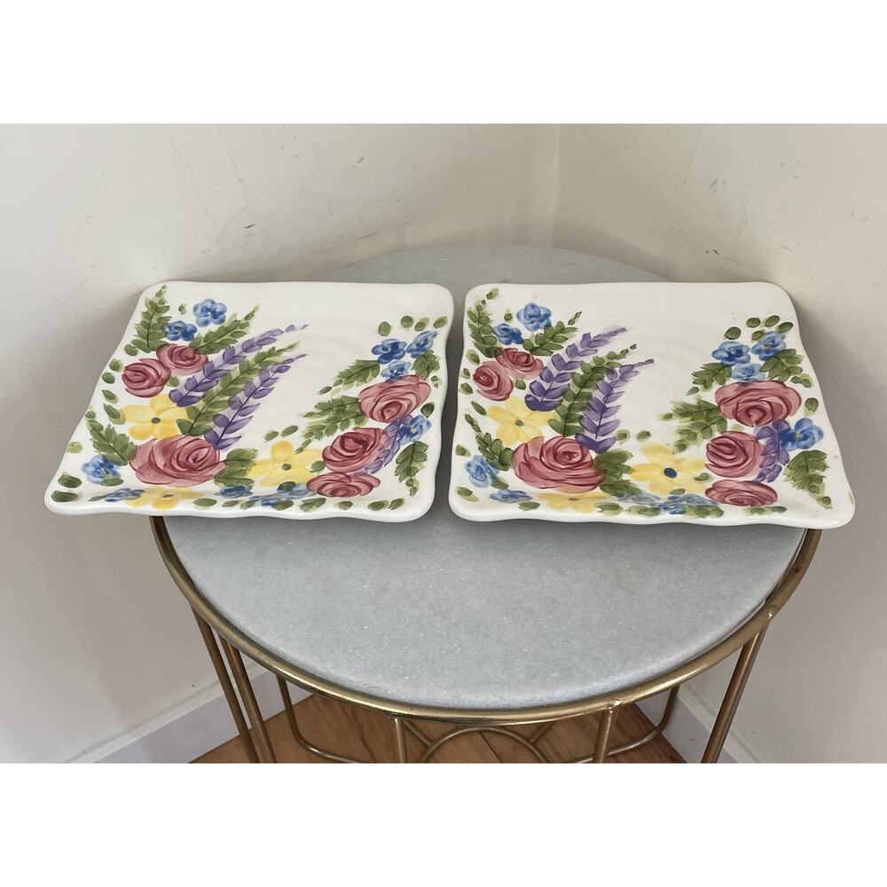 VTG Pair Tabletops Gallery.Jardine Floral Hand Panted Hand Crafted Platea 9” Sq